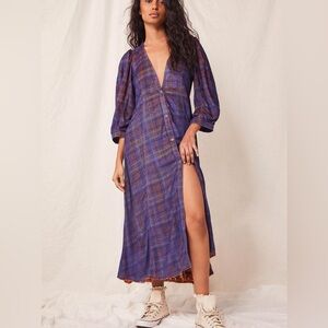 Free People Evie Maxi Dress, Distressed, Blue, Orange, Plaid, NWT, Size Small
